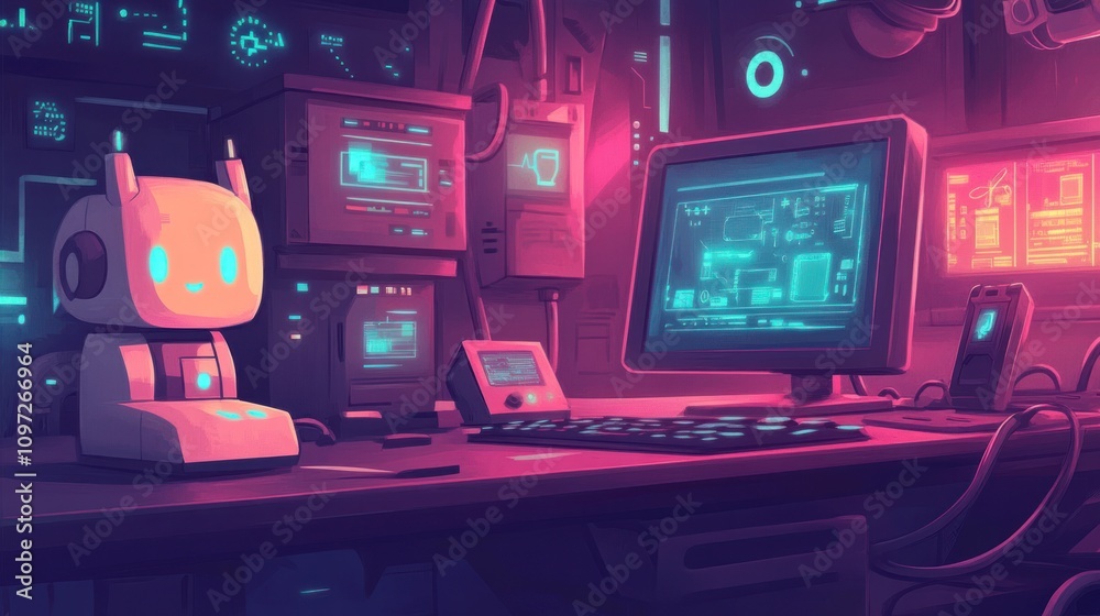 Poster Cute Robot In A Futuristic Tech Workspace