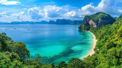 Fototapeta premium Aerial view of tropical paradise in el nido, palawan with turquoise water, white sand beach, lush green vegetation, and dramatic limestone cliffs under a bright blue sky