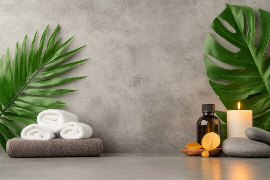 A vintage-style poster of an Ayurvedic spa with traditional massage tools and herbal oils in muted tones