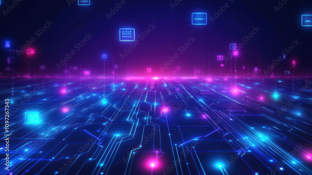 Poster Abstract Digital Network Circuitry Glowing Lines And Data