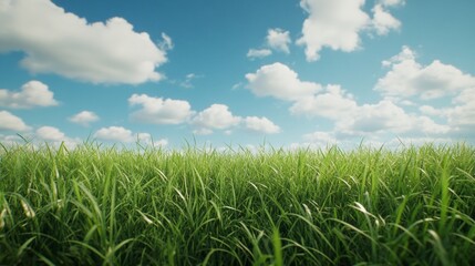 A field of grass with a blue sky and clouds. The sky is clear and bright, and the grass is lush and green. The scene is peaceful and serene, with the clouds adding a sense of depth