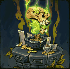 A skull head burns in green flames in an old building