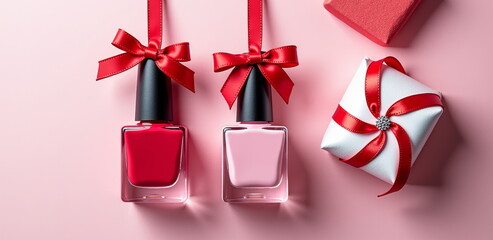 Festive nail polish bottles with red bows on pink background
