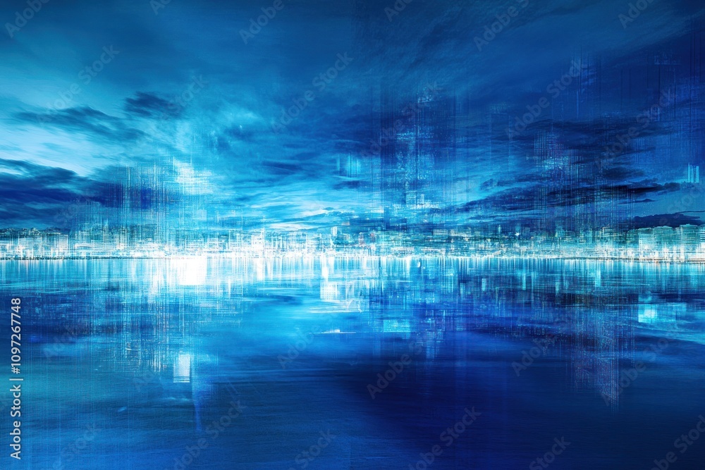 Poster abstract blue landscape with blurred reflections and light effects creating a serene atmosphere.