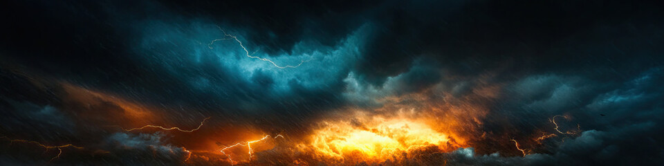 Furious Rage of the Storm: A dark, menacing sky, with thunder clapping and lightning slashing across the landscape.