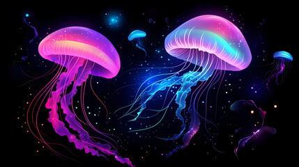 Fototapeta premium Neon-colored jellyfish floating gracefully in a dark ocean with a glowing aura. Floating Jellyfish Glow. Illustration