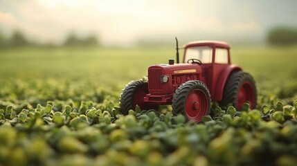 Obraz premium A red toy tractor sits in a field of green crops with a soft, warm glow in the background.
