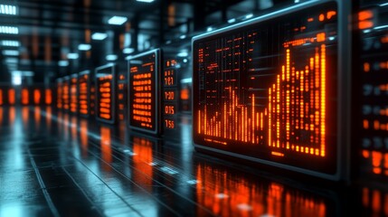 Obraz premium A row of futuristic displays showing financial data with orange glow and lines in a dark room.