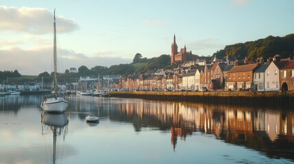Fototapeta premium A sailboat rests in the calm waters of a harbor in front of a picturesque European town.