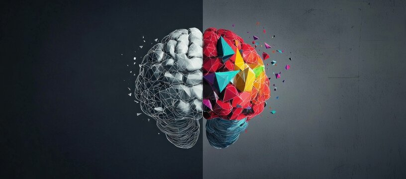 Abstract illustration depicting the contrast between a monochromatic side of a brain and a colorful geometric side, representing creativity and logic.