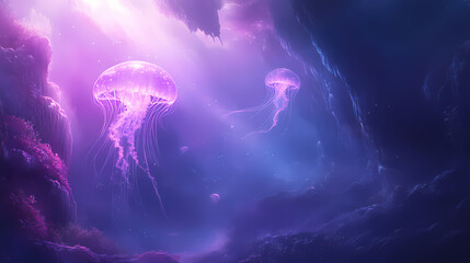 Naklejka premium Ethereal jellyfish with delicate tentacles float in a surreal underwater scene, illuminated by soft light and surrounded by a dreamy, glowing ambiance. Floating Jellyfish Glow. Illustration