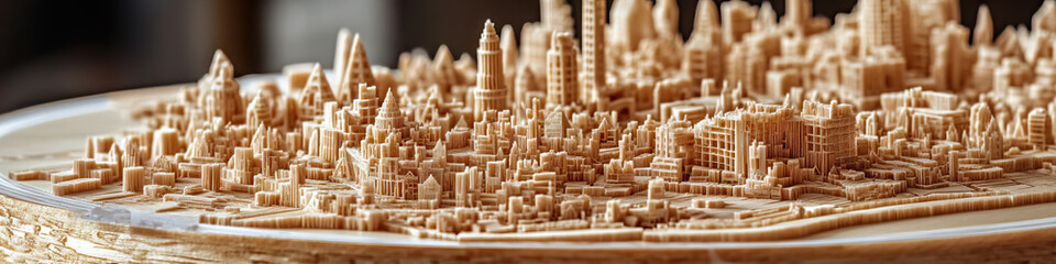 Obraz premium A tiny world of intricately carved matchsticks, resembling a miniature city scape, resting on a clear glass surface.