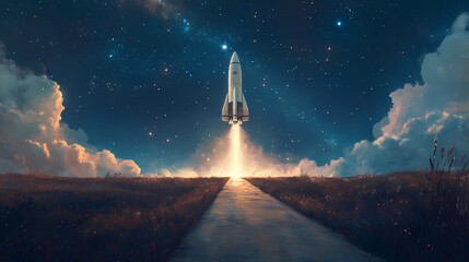 Naklejka premium A starlit path winds through a serene night sky leading towards a massive interstellar spaceship poised for liftoff. Starlit Cosmic Path. Illustration
