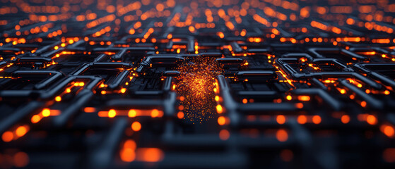 Obraz premium Data Flow Pipeline Integration Concept. A mesmerizing digital landscape of glowing circuits and pathways, illuminated by vibrant orange sparks against a dark background.