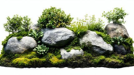 3D Render Lush Rock Garden with Moss and Plants