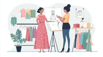 Fashion designer adjusting dress on mannequin in studio with clothing rack and sketches.