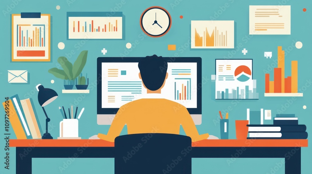 Poster Person Working at Desk Analyzing Data Charts Graphs