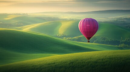 A single hot air balloon flies over a field of rolling hills in the early morning light.