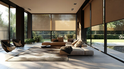 Modern Living Room with Sunshades, 3D Illustration