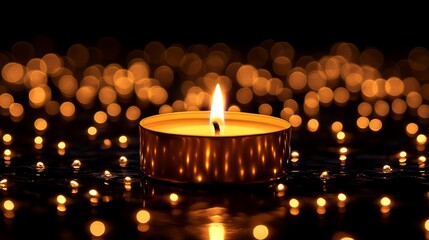 A single lit candle with a warm glow, surrounded by a field of out-of-focus lights, creates a soft and inviting ambiance.