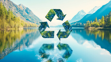 Flowing water and wind create a unique recycling symbol on Earth showcasing vibrant forests and serene rivers in a stunning natural landscape with mountains and a crystal-clear lake
