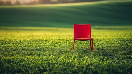 A single red chair sits alone in a grassy field at sunrise.