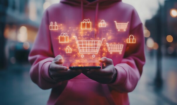  Smart retail technology and omnichannel concept. A person touching retail marketing icon on the virtual screen for channel E-commerce shopping. online retail shopping and omni-digital app design 