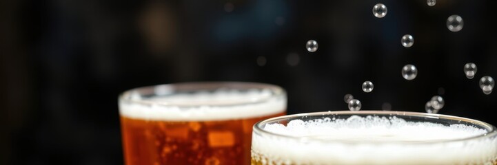 Close up of beer glass with fizzing bubbles in the foreground, alcohol, beer