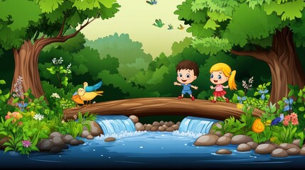 Children Playing Near a Waterfall in a Lush Green Forest