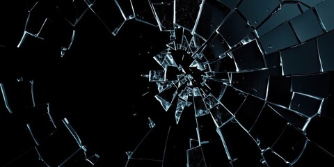 Fototapeta premium Cracked pieces of broken glass forming a hole on a black background, cracked, fragments