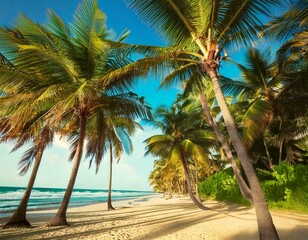 Fototapeta premium Coconut palm trees on a tropical sandy beach