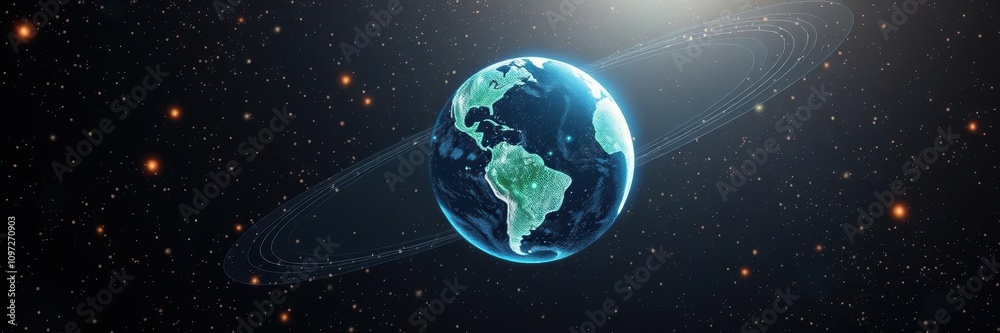 Poster earth rotating loop of rotating glowing dots stylised world globe with orbits, science, digital art