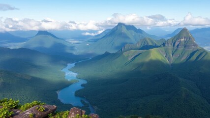 Aerial view of Mafate circus with lush green mountains and winding rivers, scenery, nature