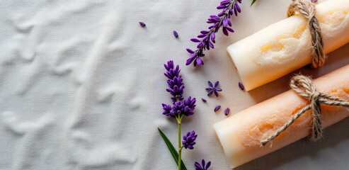 Handmade soap bars with lavender flowers on white background