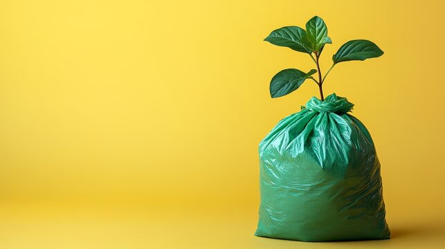 A small plant growing out of a green plastic bag on a yellow background.