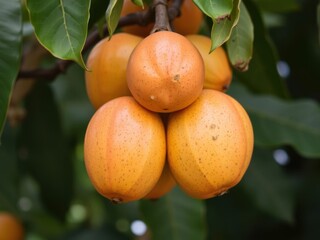 Close-up of a ripe Elephant apple, known as Chalta, hanging from a tree in South East Asia, Chalta, fresh