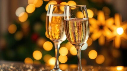 Elegant champagne flutes with bubbly drink on festive bokeh background, sparkling, luxury