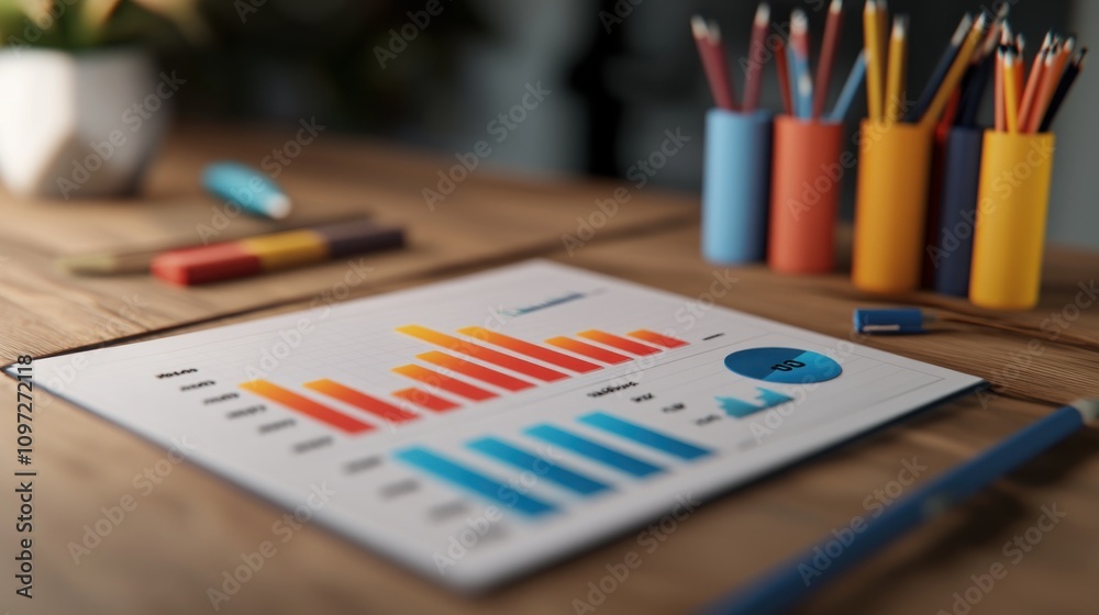 Aufkleber A colorful bar graph and pie chart displayed on a desk for data analysis.