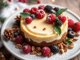 Festive cheesecake topped with pistachios, raspberries, blueberries, and cranberries for celebrations, nuts, celebration