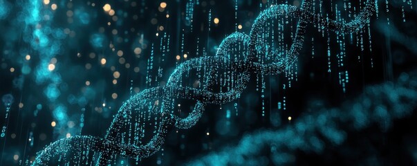 Digital DNA double helix with flowing binary code