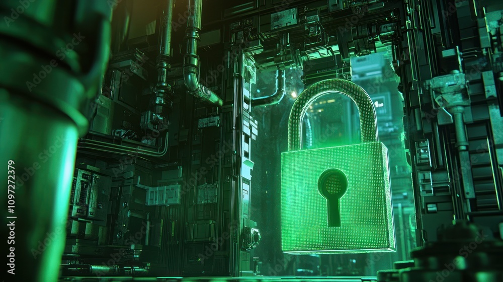 Poster a glowing padlock floats inside a futuristic technological environment, symbolizing digital security