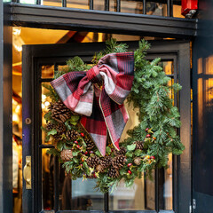 Festive Christmas Wreath with Plaid Bow is on the blue English door