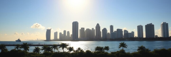 Miami's iconic skyline silhouette featuring tall buildings and palm trees, perfect for a tropical urban theme, skyscrapers, waterfront
