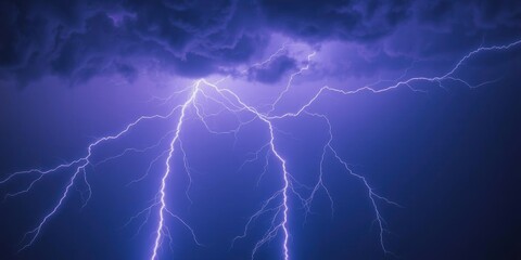 Fototapeta premium Neon lightning bolt sign glowing in the dark on black background, night sky, flash