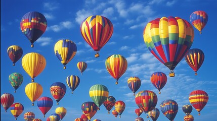 Fototapeta premium A vibrant and colorful display of hot air balloons soaring high in a clear blue sky, creating a breathtaking scene.