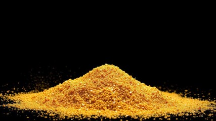 Pile of gold powder with falling particles on black background, glitter, particles