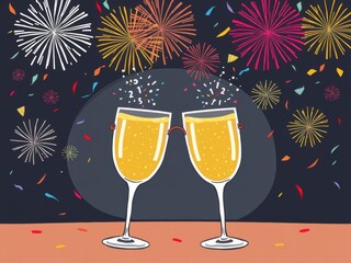 Playful New Year's Eve celebration with cartoon champagne glasses, confetti, and fireworks in doodle style, celebration, fireworks
