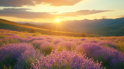 Fototapeta premium A vibrant lavender field basks in the warm glow of a sunset, with rolling hills and a clear sky in the distance.