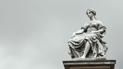 Obraz premium White marble statue of seated woman against cloudy sky