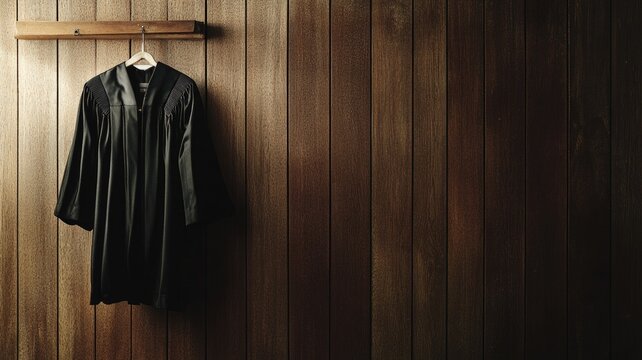 Judge's black robe hanging on wooden wall